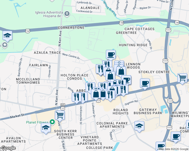map of restaurants, bars, coffee shops, grocery stores, and more near 448 Cobblestone Drive in Wilmington