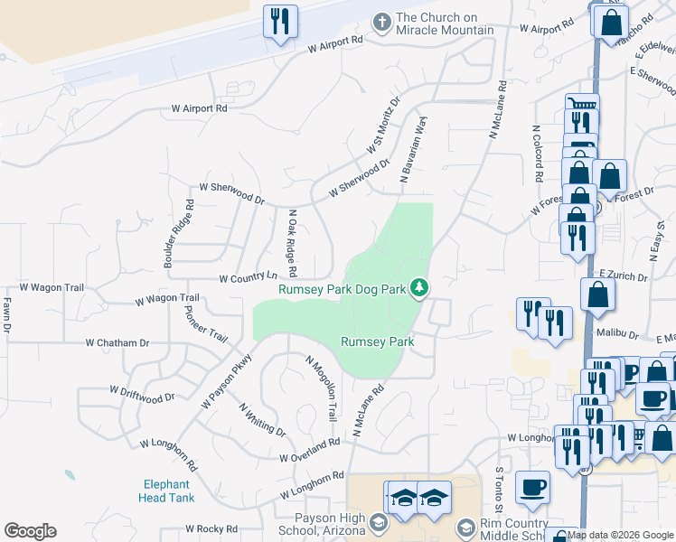 map of restaurants, bars, coffee shops, grocery stores, and more near 509 North Wood Hill Road in Payson