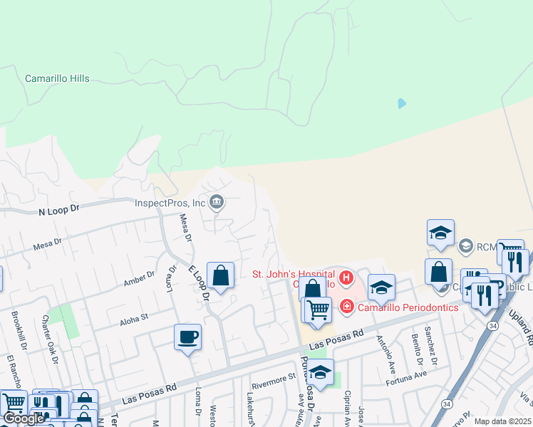 map of restaurants, bars, coffee shops, grocery stores, and more near 2913 Antonio Drive in Camarillo
