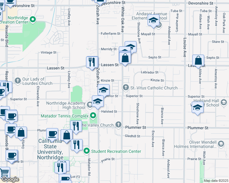 map of restaurants, bars, coffee shops, grocery stores, and more near 17729 Superior Street in Los Angeles