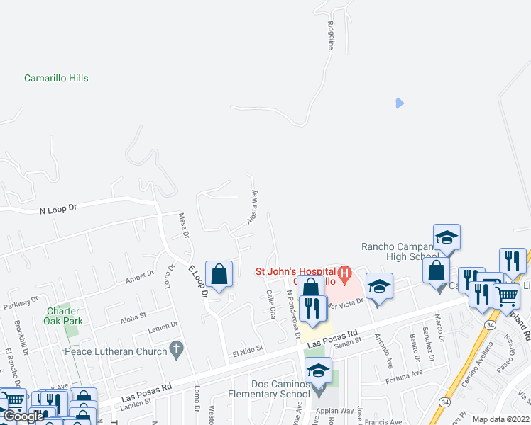 map of restaurants, bars, coffee shops, grocery stores, and more near 2913 Antonio Drive in Camarillo