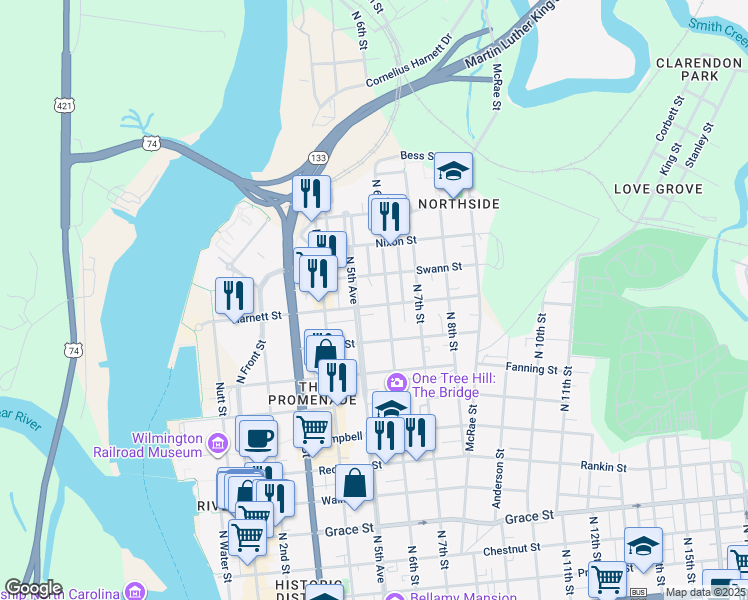 map of restaurants, bars, coffee shops, grocery stores, and more near 509 Harnett Street in Wilmington