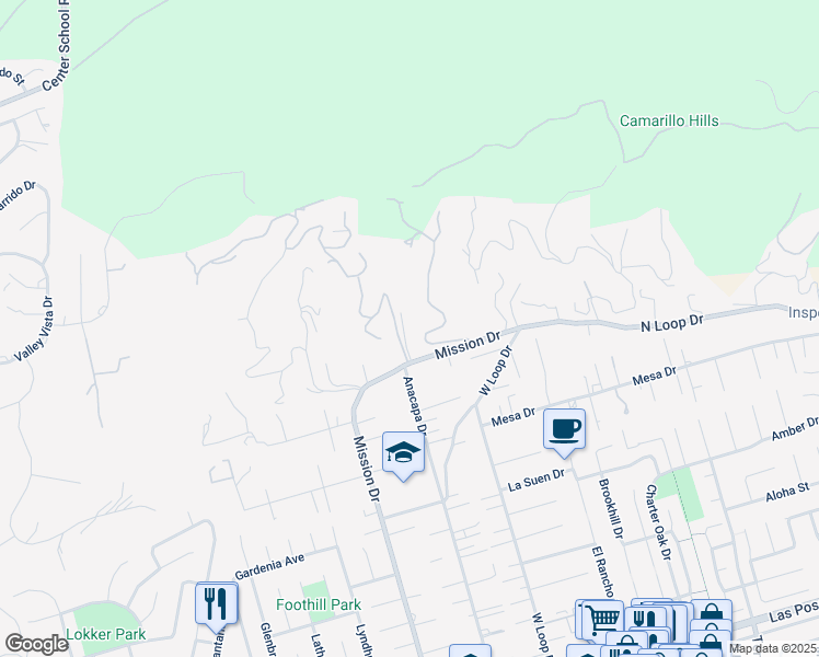 map of restaurants, bars, coffee shops, grocery stores, and more near 520 Marissa Lane in Camarillo