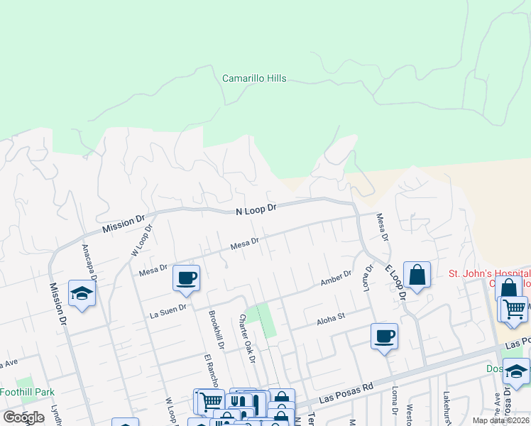 map of restaurants, bars, coffee shops, grocery stores, and more near 436 North Loop Drive in Camarillo