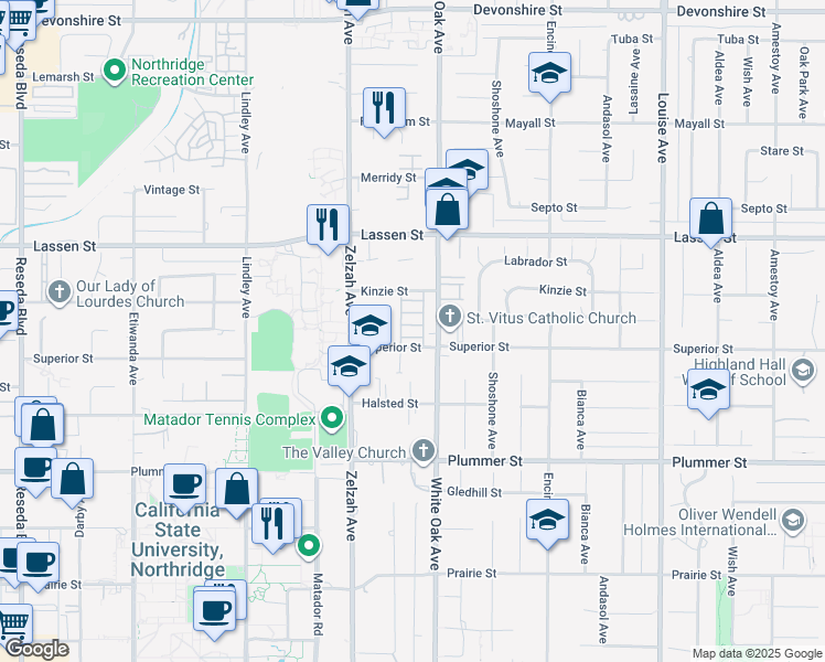 map of restaurants, bars, coffee shops, grocery stores, and more near 17806 Kinzie Street in Los Angeles