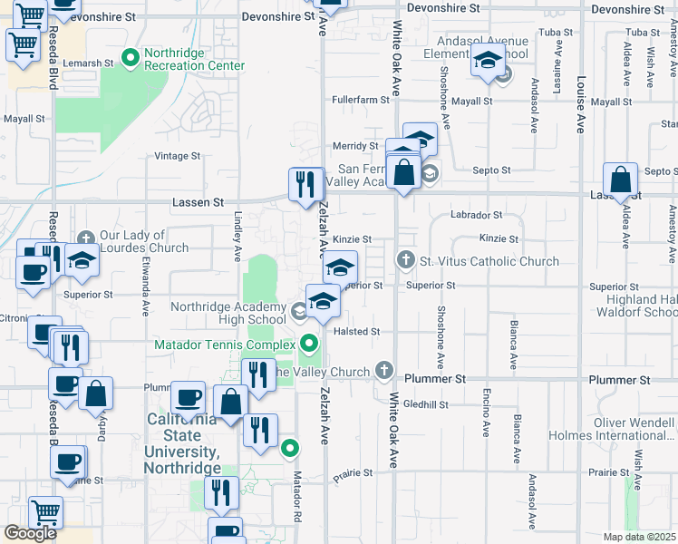 map of restaurants, bars, coffee shops, grocery stores, and more near 17816 Kinzie Street in Los Angeles