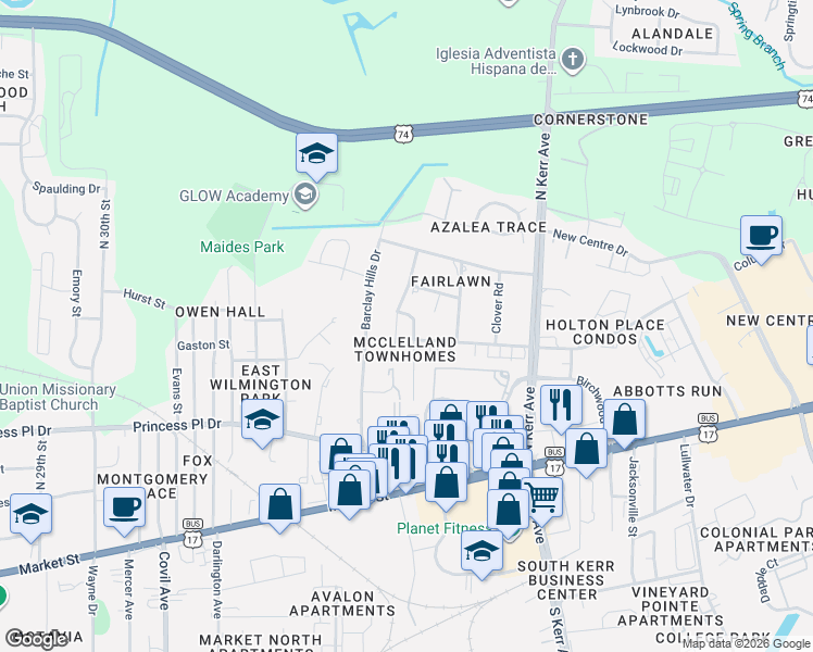 map of restaurants, bars, coffee shops, grocery stores, and more near 428 Saint Rosea Road in Wilmington