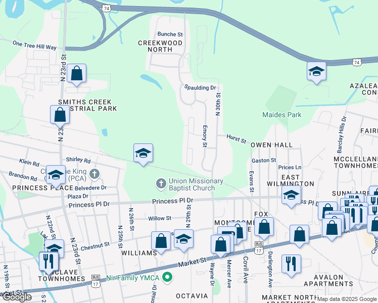 map of restaurants, bars, coffee shops, grocery stores, and more near 2541 Princess Pl Dr in Wilmington