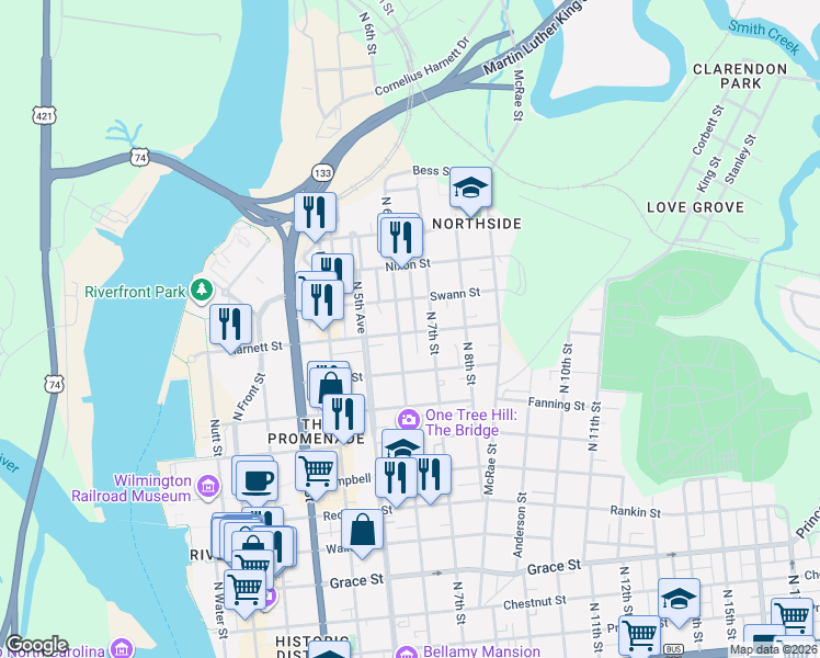 map of restaurants, bars, coffee shops, grocery stores, and more near 1019 Love Alley in Wilmington