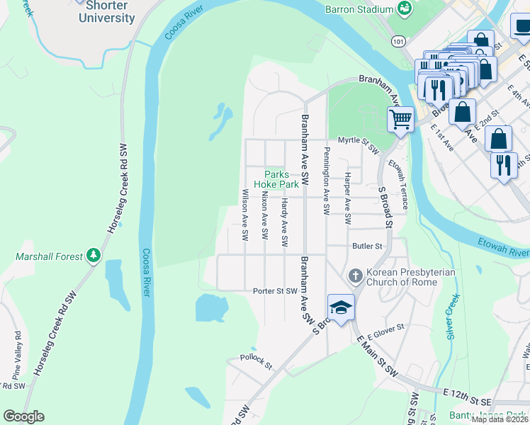 map of restaurants, bars, coffee shops, grocery stores, and more near 303 Nixon Avenue Southwest in Rome