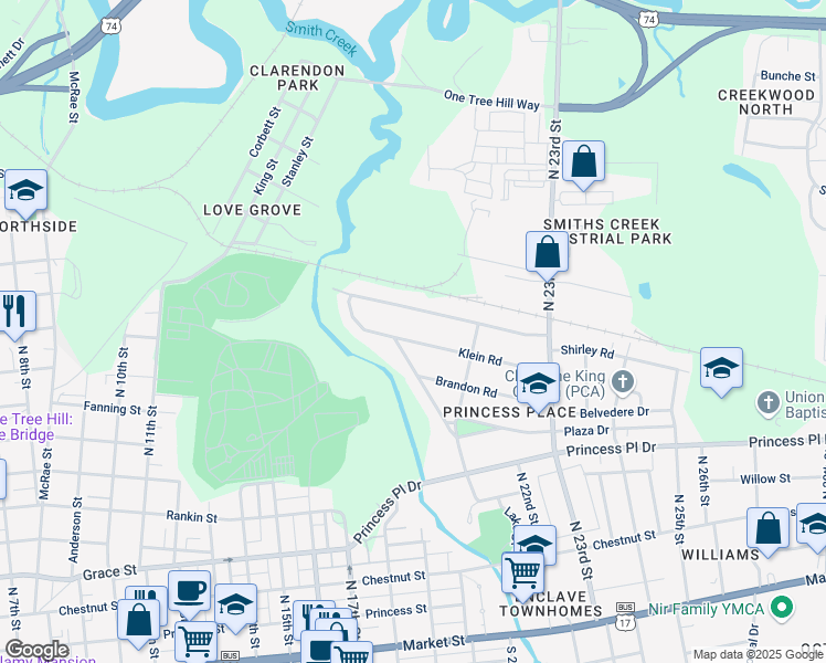 map of restaurants, bars, coffee shops, grocery stores, and more near 2109 Klein Road in Wilmington