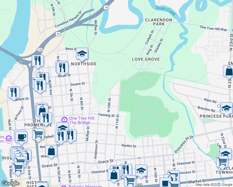 map of restaurants, bars, coffee shops, grocery stores, and more near 1017 Hall Street in Wilmington
