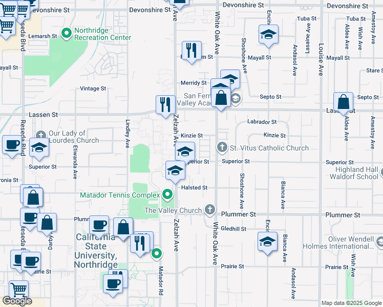 map of restaurants, bars, coffee shops, grocery stores, and more near 17809 Superior Street in Los Angeles