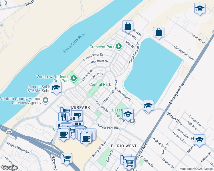 map of restaurants, bars, coffee shops, grocery stores, and more near 3157 London Lane in Oxnard