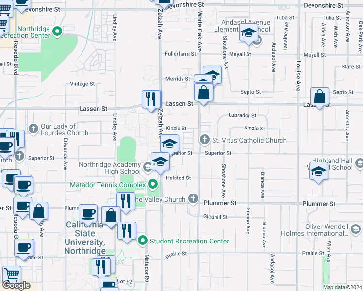 map of restaurants, bars, coffee shops, grocery stores, and more near 17729 Superior Street in Los Angeles