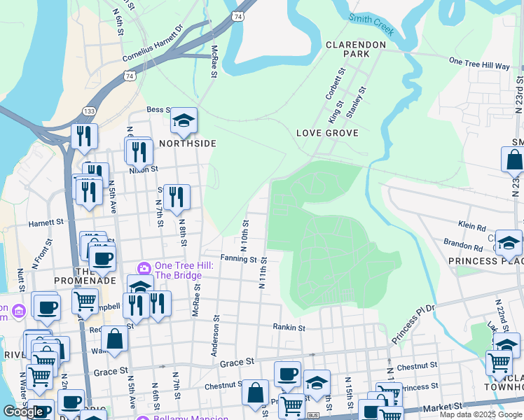 map of restaurants, bars, coffee shops, grocery stores, and more near 1017 Hall Street in Wilmington