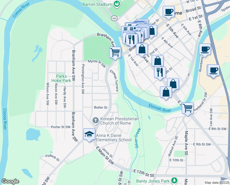 map of restaurants, bars, coffee shops, grocery stores, and more near 225 South Broad Street in Rome
