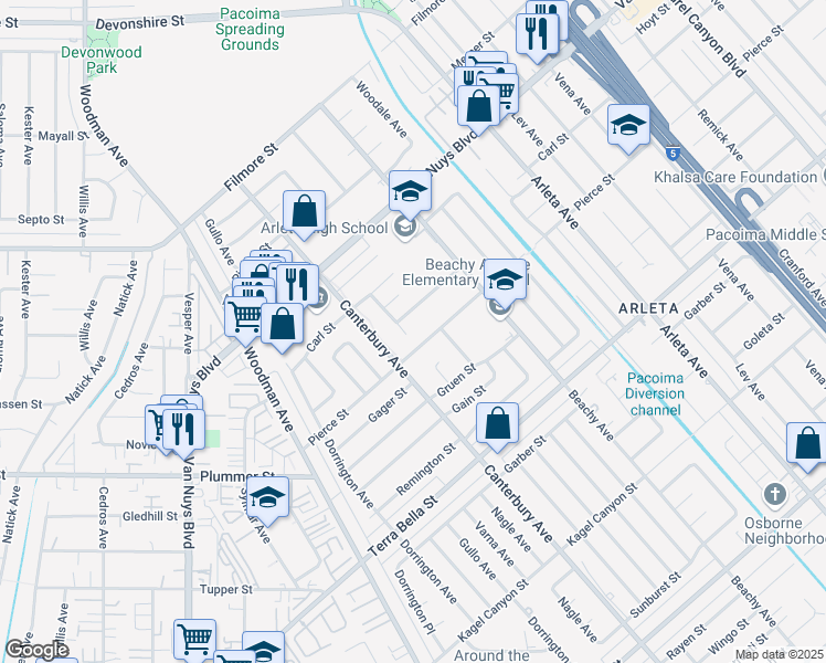 map of restaurants, bars, coffee shops, grocery stores, and more near 9740 Roslyndale Avenue in Los Angeles