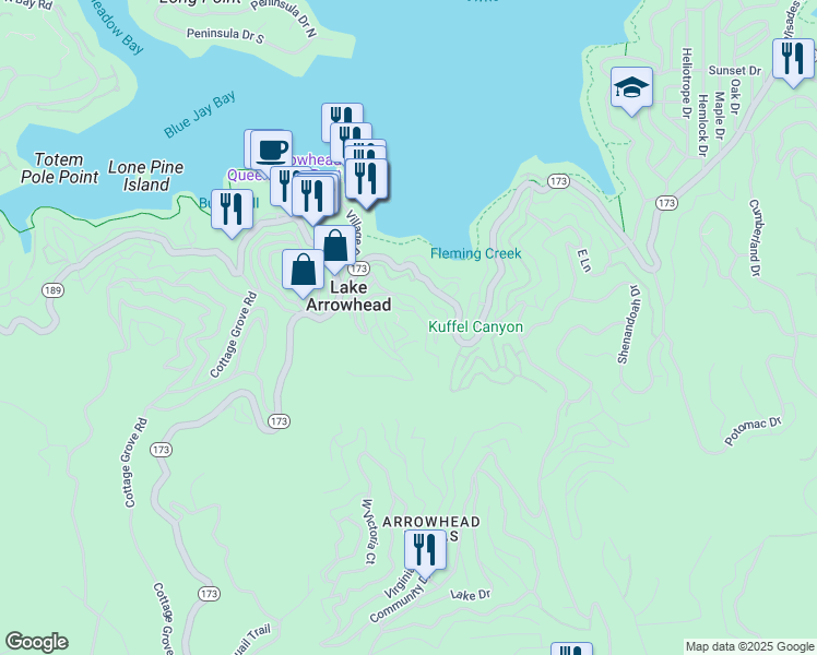 map of restaurants, bars, coffee shops, grocery stores, and more near 336 Jasmine Lane in Lake Arrowhead