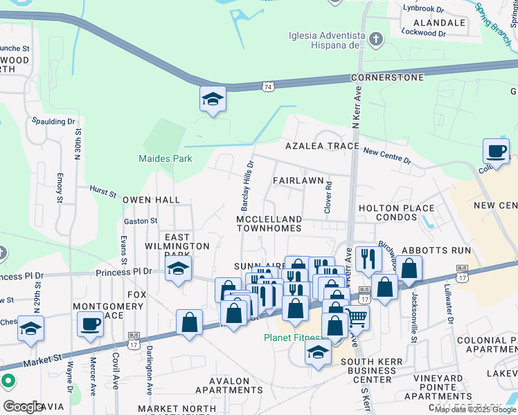 map of restaurants, bars, coffee shops, grocery stores, and more near 417 Estate Road in Wilmington