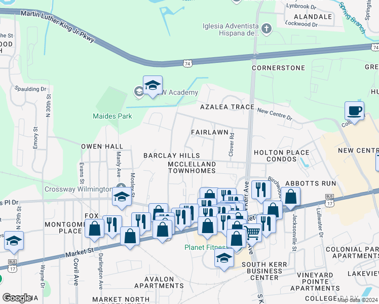 map of restaurants, bars, coffee shops, grocery stores, and more near 409 Saint Rosea Road in Wilmington