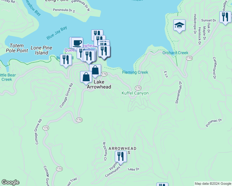 map of restaurants, bars, coffee shops, grocery stores, and more near 336 Jasmine Lane in Lake Arrowhead