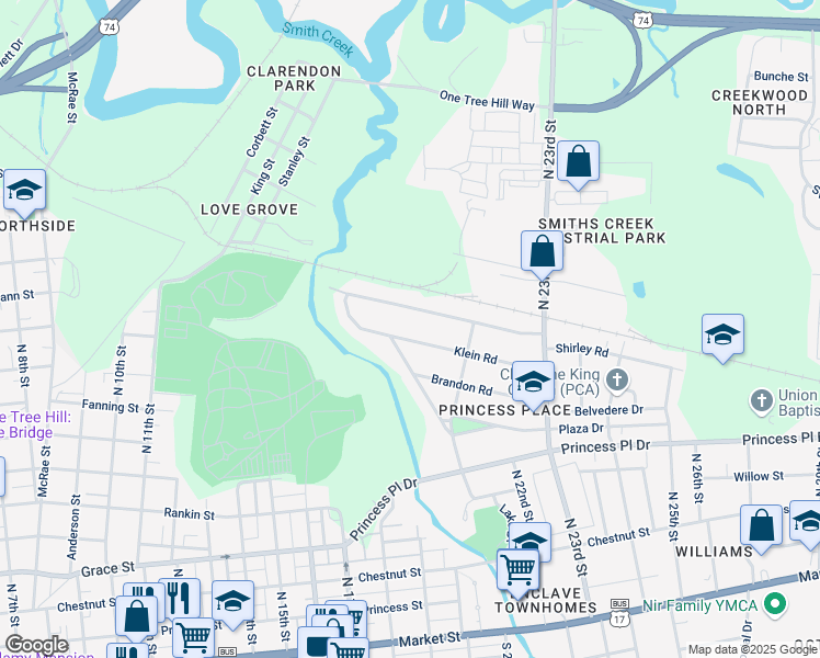 map of restaurants, bars, coffee shops, grocery stores, and more near 2109 Klein Road in Wilmington