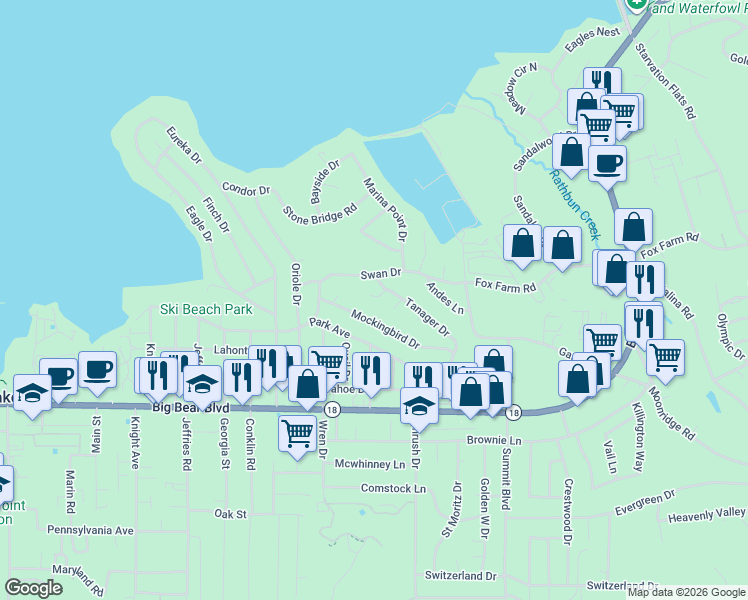 map of restaurants, bars, coffee shops, grocery stores, and more near 41613 Hummingbird Lane in Big Bear Lake
