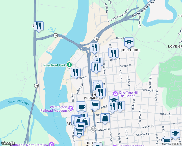 map of restaurants, bars, coffee shops, grocery stores, and more near 1014-1098 North 3rd Street in Wilmington