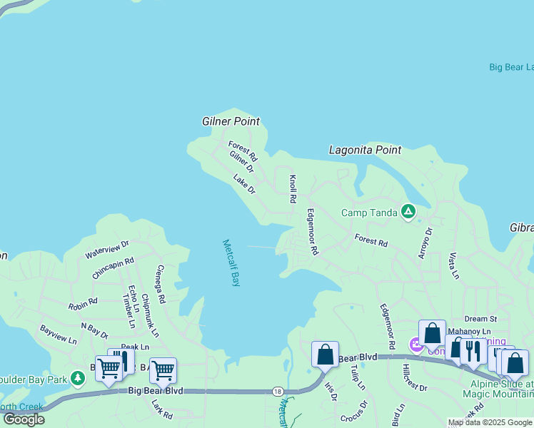 map of restaurants, bars, coffee shops, grocery stores, and more near 39583 Lake Drive in Big Bear Lake