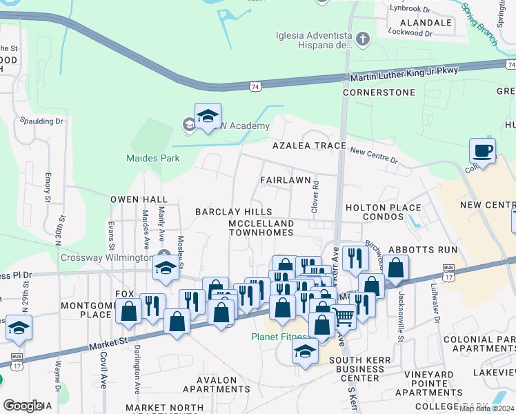 map of restaurants, bars, coffee shops, grocery stores, and more near 409 Saint Rosea Road in Wilmington