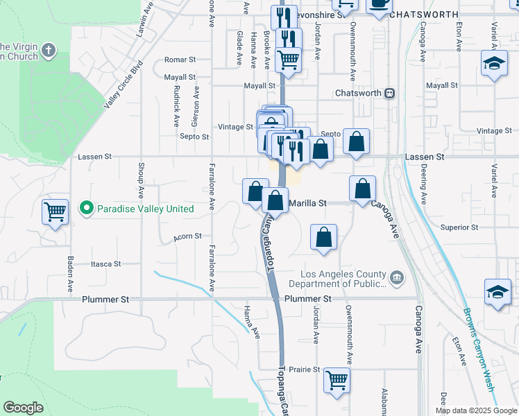 map of restaurants, bars, coffee shops, grocery stores, and more near 22052 Kinzie Street in Los Angeles