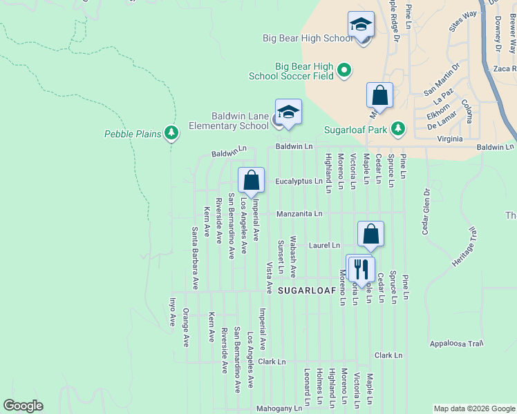 map of restaurants, bars, coffee shops, grocery stores, and more near 269 Imperial Avenue in Big Bear