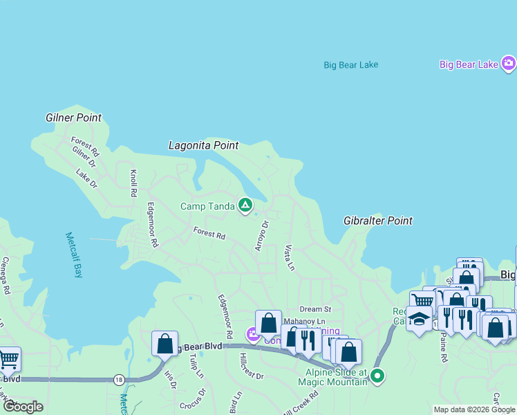 map of restaurants, bars, coffee shops, grocery stores, and more near 40034 Lakeview Drive in Big Bear Lake