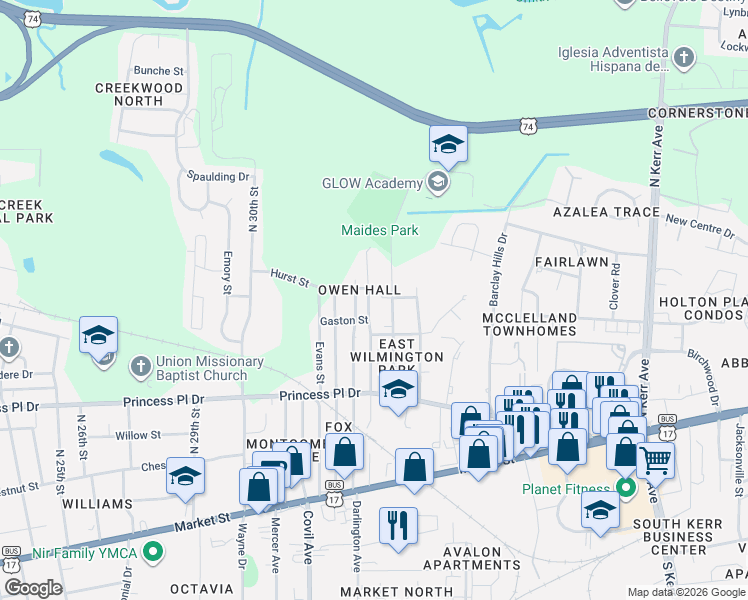 map of restaurants, bars, coffee shops, grocery stores, and more near 514 Maides Avenue in Wilmington
