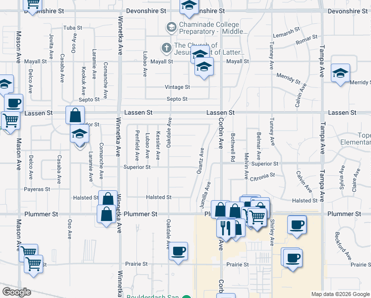 map of restaurants, bars, coffee shops, grocery stores, and more near 19840 Kinzie Street in Los Angeles