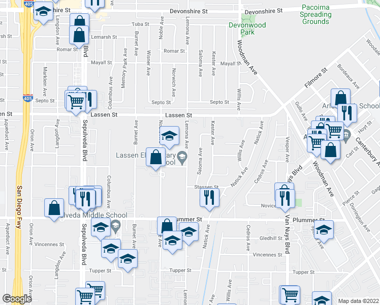 map of restaurants, bars, coffee shops, grocery stores, and more near 9736 Lemona Avenue in Los Angeles