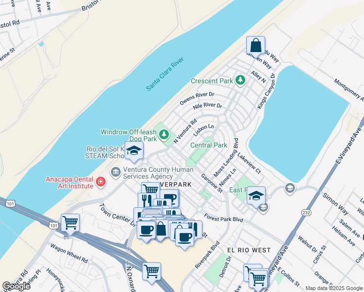 map of restaurants, bars, coffee shops, grocery stores, and more near 3105 Lisbon Lane in Oxnard