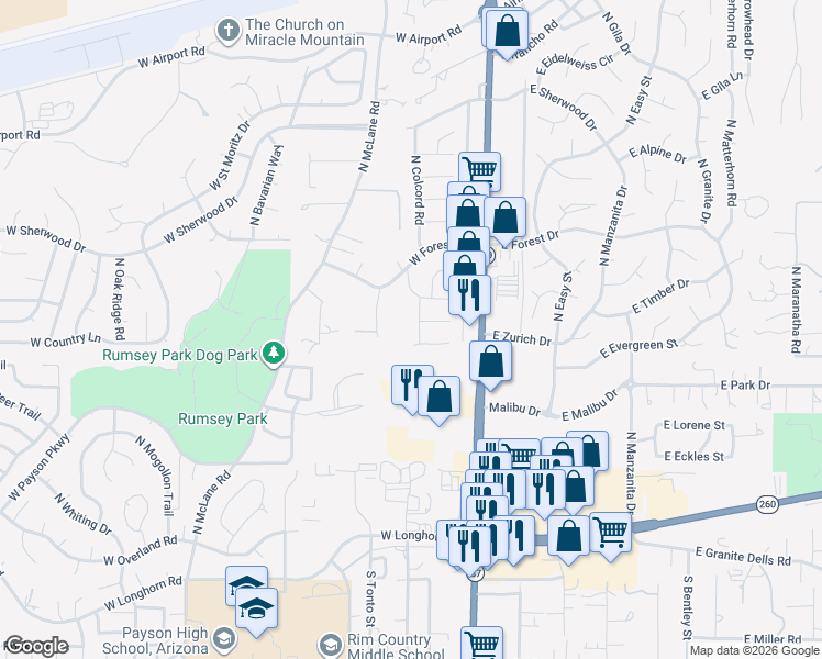 map of restaurants, bars, coffee shops, grocery stores, and more near 602 North Colcord Road in Payson