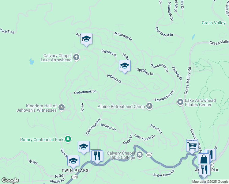 map of restaurants, bars, coffee shops, grocery stores, and more near 26272 Thunderbird Drive in Lake Arrowhead
