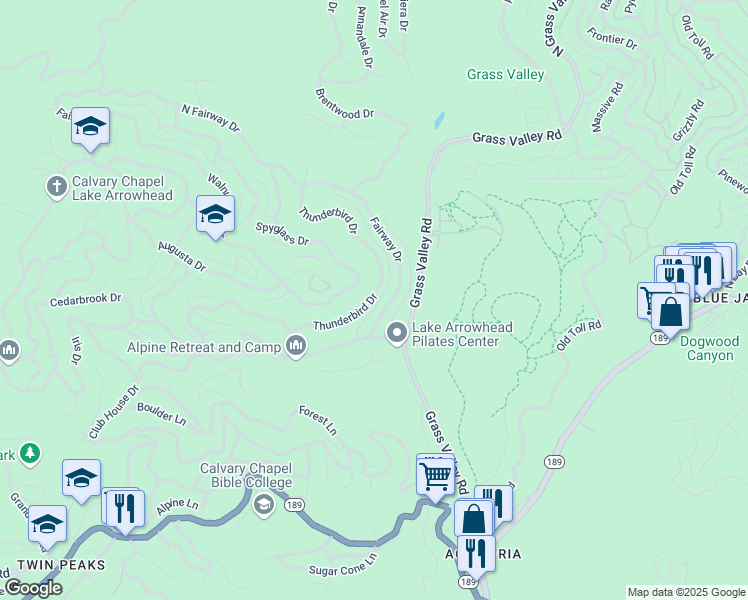 map of restaurants, bars, coffee shops, grocery stores, and more near 26601 Thunderbird Drive in Twin Peaks