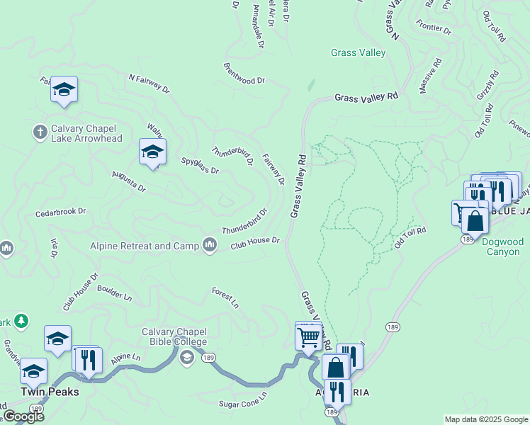 map of restaurants, bars, coffee shops, grocery stores, and more near 26601 Thunderbird Drive in Twin Peaks