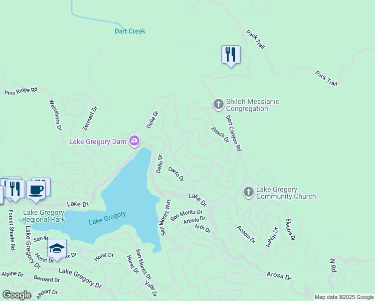 map of restaurants, bars, coffee shops, grocery stores, and more near 285 Davos Court in Crestline