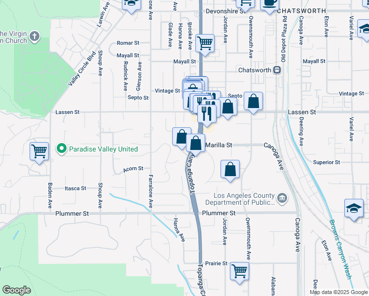 map of restaurants, bars, coffee shops, grocery stores, and more near 22052 Kinzie Street in Los Angeles