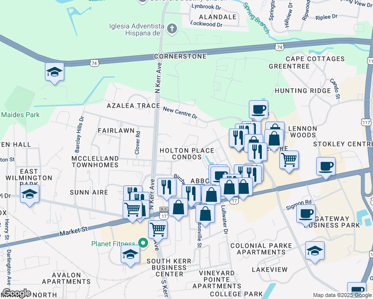 map of restaurants, bars, coffee shops, grocery stores, and more near 4611 McClelland Drive in Wilmington