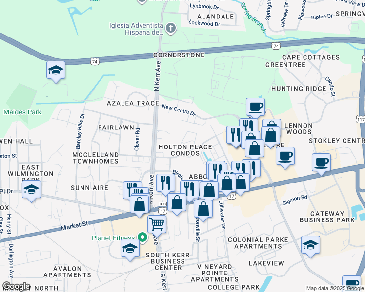 map of restaurants, bars, coffee shops, grocery stores, and more near 4611 McClelland Drive in Wilmington