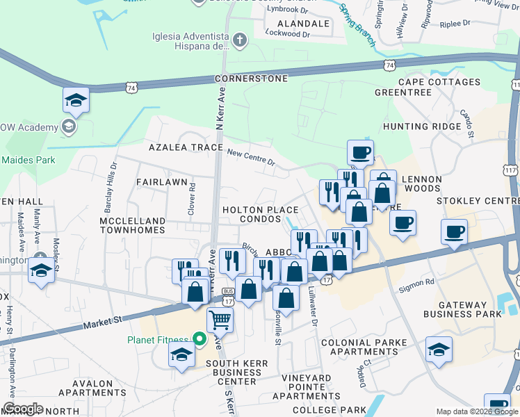 map of restaurants, bars, coffee shops, grocery stores, and more near 4611 McClelland Drive in Wilmington