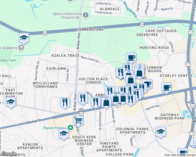 map of restaurants, bars, coffee shops, grocery stores, and more near 4639 McClelland Drive in Wilmington