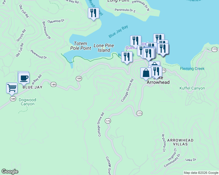 map of restaurants, bars, coffee shops, grocery stores, and more near 282 Terrace Road in Lake Arrowhead