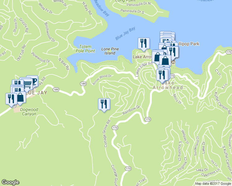 map of restaurants, bars, coffee shops, grocery stores, and more near 329 Summit Road in Lake Arrowhead